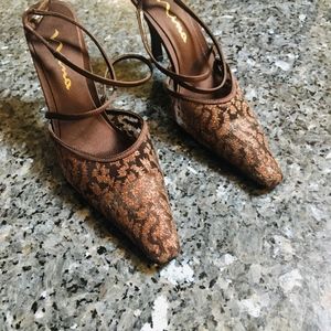 Brown mesh and satin & metallic evening shoes